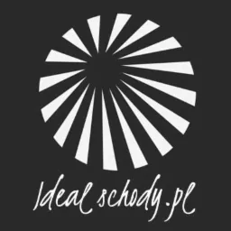 Grafika z radialnym wzorem i adresem strony 'Ideal schody.pl' w białym kolorze na ciemnoszarym tle. Minimalistyczny design.