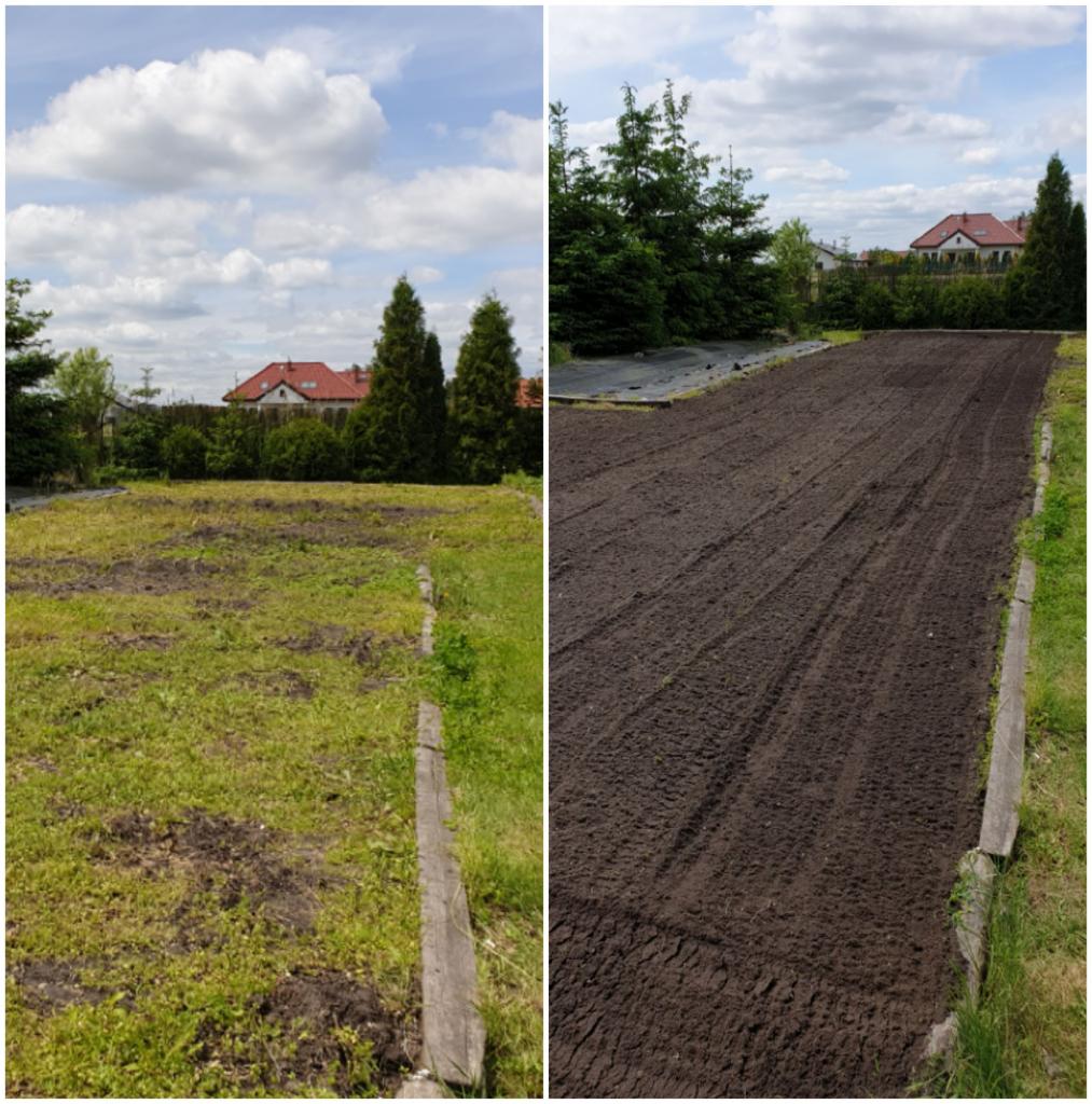 Dzielone zdjęcie: po lewej zaniedbany trawnik z kępami trawy i odsłoniętą ziemią, po prawej świeżo przekopana, wyrównana ziemia przygotowana pod siew lub położenie darni. W tle domy i drzewa.