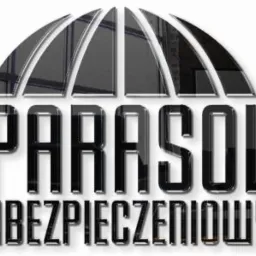Logo firmy ubezpieczeniowej PARASOL z Ostrowa Wielkopolskiego. Grafika 3D przedstawia parasol i napis 'UBEZPIECZENIOWY' w srebrno-czarnej kolorystyce.
