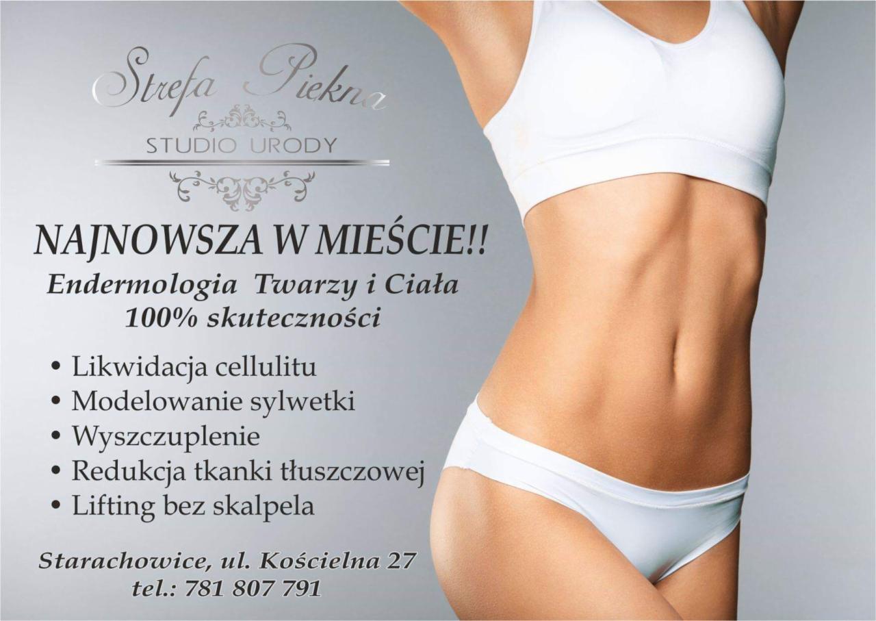 Kobieca sylwetka w bieliźnie sportowej na tle plakatu reklamującego endermologię twarzy i ciała, z hasłem 'Najnowsza w mieście!!' oraz listą korzyści: likwidacja cellulitu, modelowanie sylwetki...