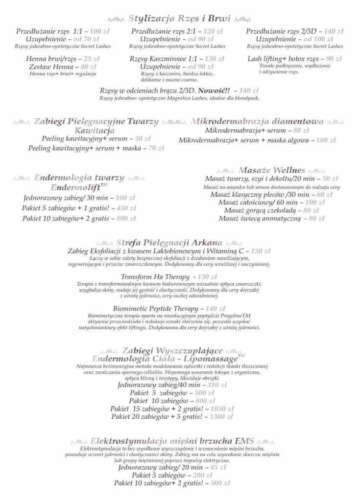 Menu salonu kosmetycznego z ofertą stylizacji rzęs i brwi, zabiegów pielęgnacyjnych twarzy, masaży, zabiegów wyszczuplających i elektrostymulacji mięśni brzucha, wraz z cenami.