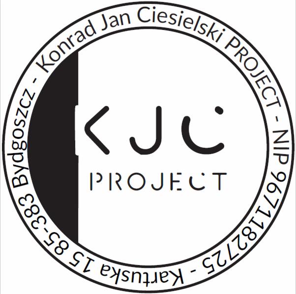 Okrągłe logo firmy KJC PROJECT z Bydgoszczy, zawierające dane adresowe i NIP
