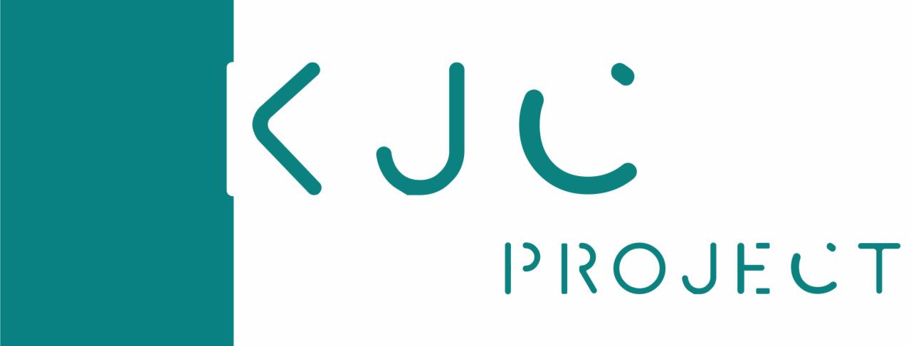 Logo firmy KJC Project w odcieniach turkusu na białym tle, z abstrakcyjnym symbolem i napisem 'PROJECT' w nowoczesnym stylu.