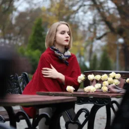 Portret kobiety w czerwonym ponczo siedzącej przy stoliku z białymi różami i walizką w jesiennym parku.