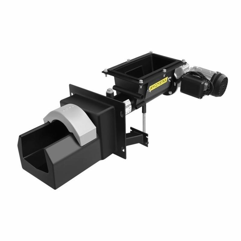 Czarno-srebrny podajnik paliwa stałego z silnikiem elektrycznym i napisem 'Wyczyystka' na białym tle.