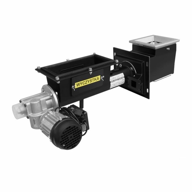 Elektryczny podajnik ślimakowy z silnikiem i napisem 'Wyczyystka' na czarnej obudowie, widok z przodu na białym tle.