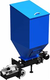 Niebieski podajnik ślimakowy do pieca na paliwo stałe z zasobnikiem, widok z góry na białym tle.