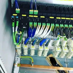 Rozdzielnica elektryczna z podłączonymi przewodami w kolorach: niebieskim, białym, czarnym i zielonym, z widocznymi złączkami i oznaczeniami na przewodach.