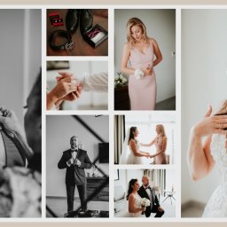 MR Studio Maciej Rydzak - Kolaż zdjęć z przygotowań do ślubu: pan młody poprawiający muchę, buty i pasek, panna młoda w różowej sukience z kwiatami na ręce, wymiana obrączek, panna młoda w sukni ślubnej.