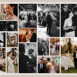 MR Studio Maciej Rydzak - Kolaż zdjęć z różnych momentów ślubu: przygotowania, ceremonia, pierwszy taniec w dymie, portrety pary w plenerze o zachodzie słońca.