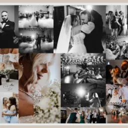 Kolaż czarno-białych i kolorowych zdjęć ślubnych, ukazujących przygotowania, ceremonię i zabawę weselną, w tym detale stroju, pocałunki i tańce.