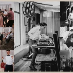 Kolaż zdjęć z imprezy: tańczący goście, DJ przy konsolecie w czarno-białej tonacji, portrety grupowe w plenerze i przy stole.