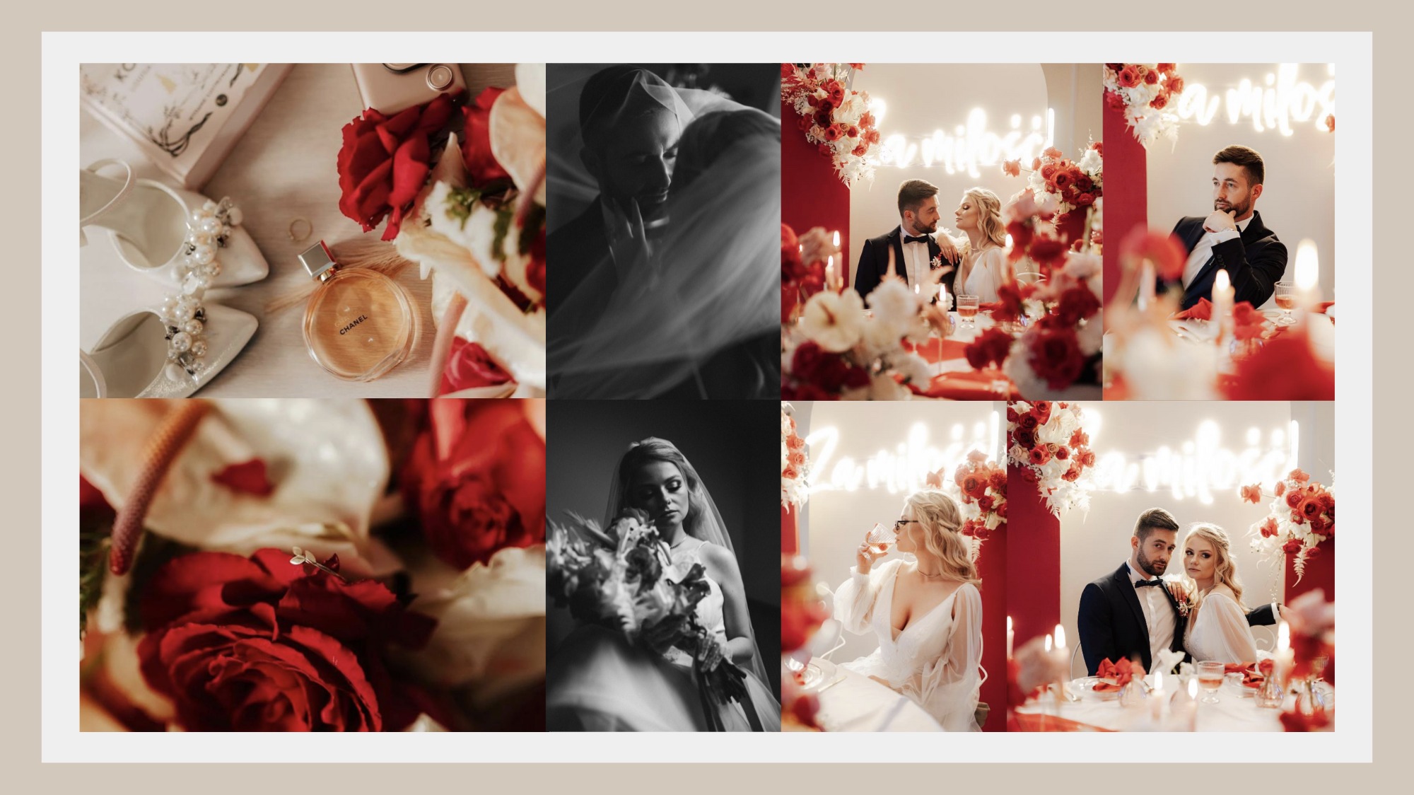 Kolaż z fotografii ślubnej: detale sukni, perfumy Chanel, para młoda w czerni i bieli, dekoracje kwiatowe z czerwonymi różami i neonowy napis 'Za miłość'