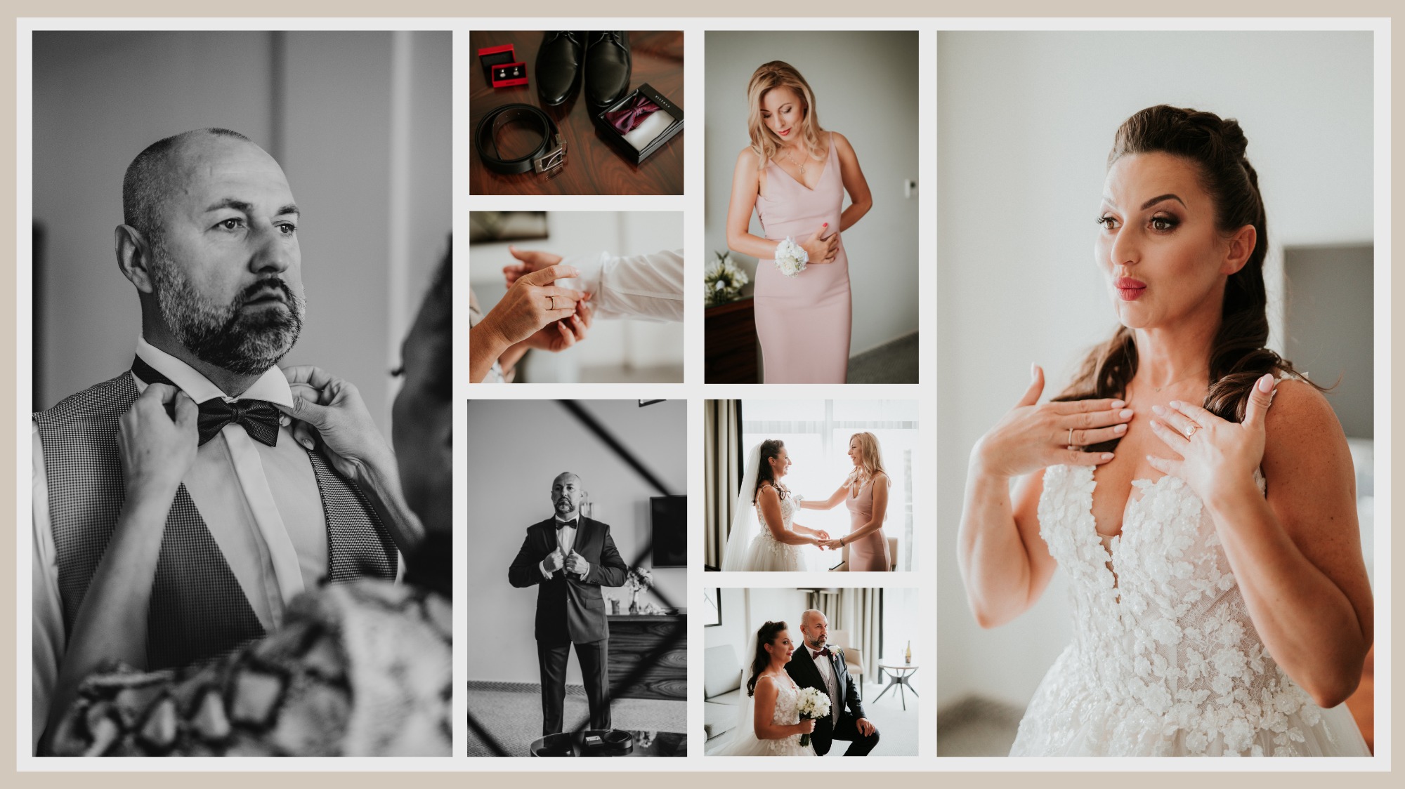 Kolaż zdjęć z przygotowań do ślubu: pan młody poprawiający muchę, buty i pasek, panna młoda w różowej sukience z kwiatami na ręce, wymiana obrączek, panna młoda w sukni ślubnej.