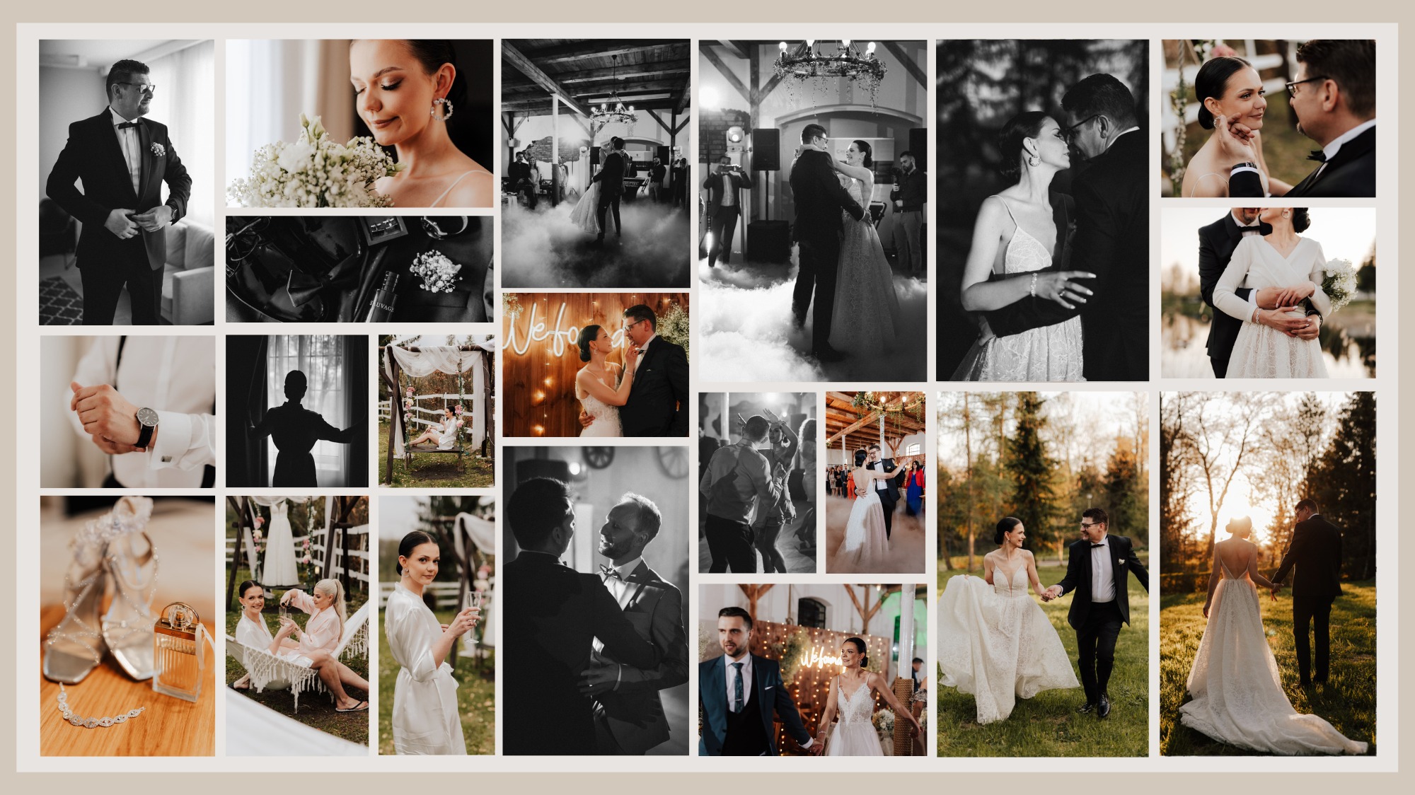 Kolaż zdjęć z różnych momentów ślubu: przygotowania, ceremonia, pierwszy taniec w dymie, portrety pary w plenerze o zachodzie słońca.
