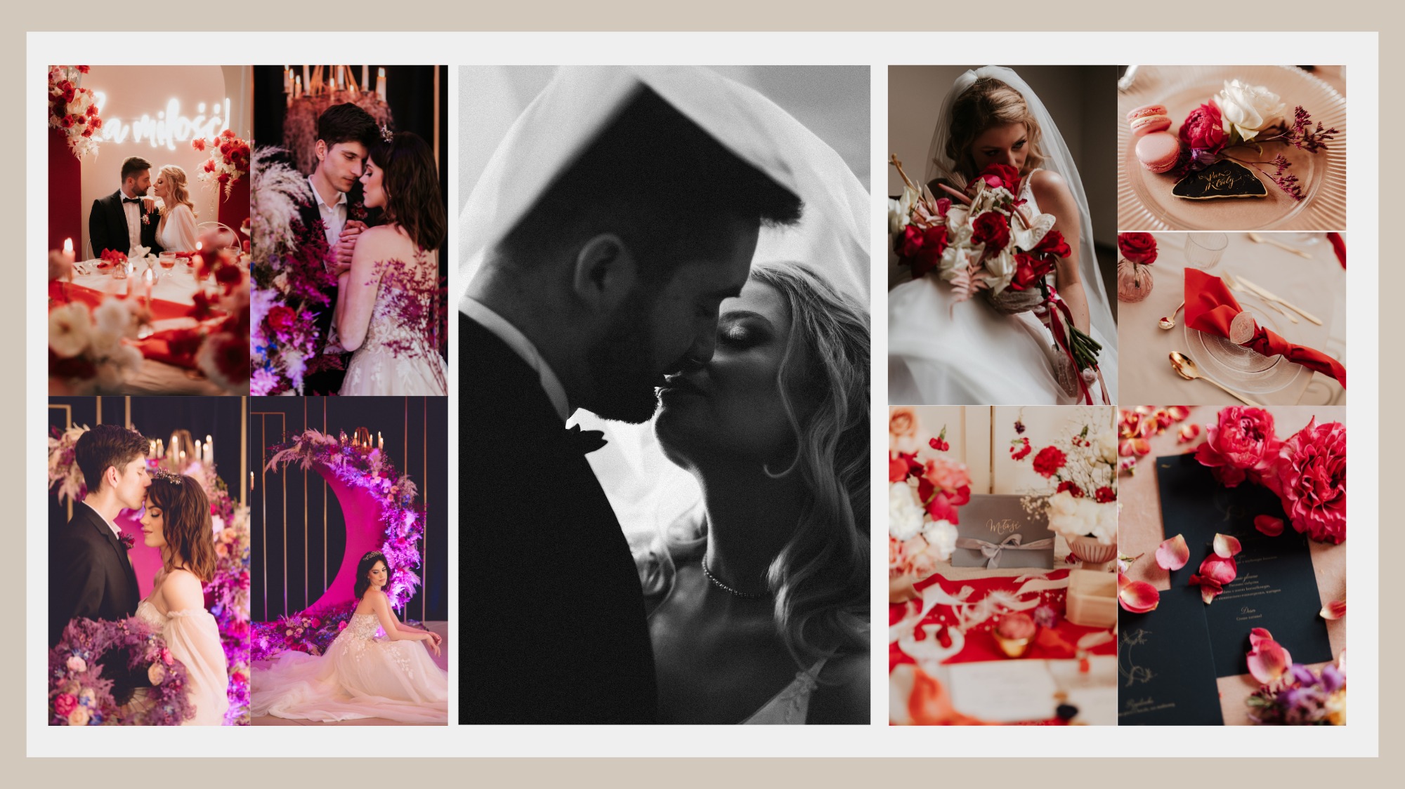 Kompozycja kolażu zdjęć ślubnych: para przy stole z neonowym napisem, pocałunek pod welonem w czerni i bieli, panna młoda z bukietem, dekoracje stołu z kwiatami i makaronikami, para przed...