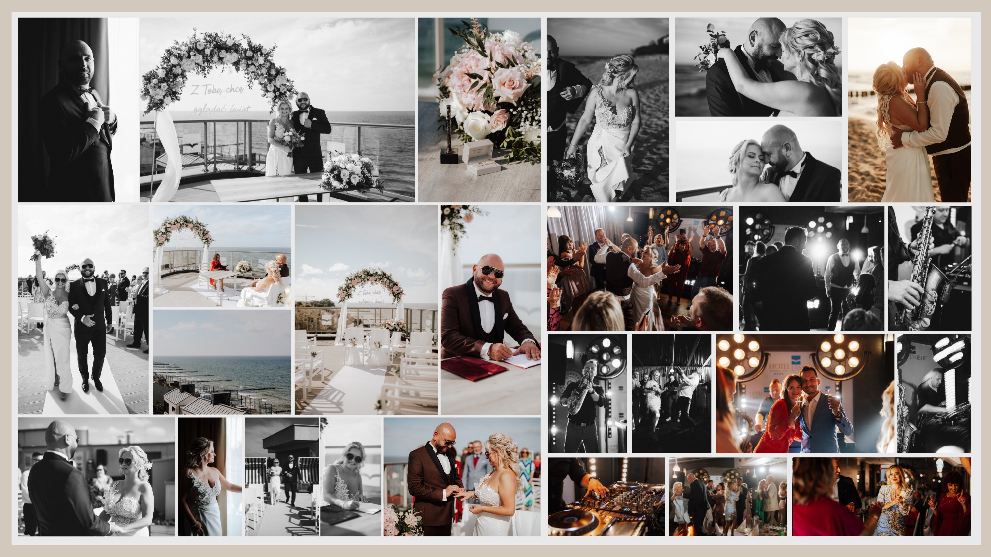 Kolaż zdjęć z uroczystości ślubnej, zawierający portrety pary młodej, detale dekoracji kwiatowych, sceny z ceremonii i zabawy weselnej z muzyką na żywo.