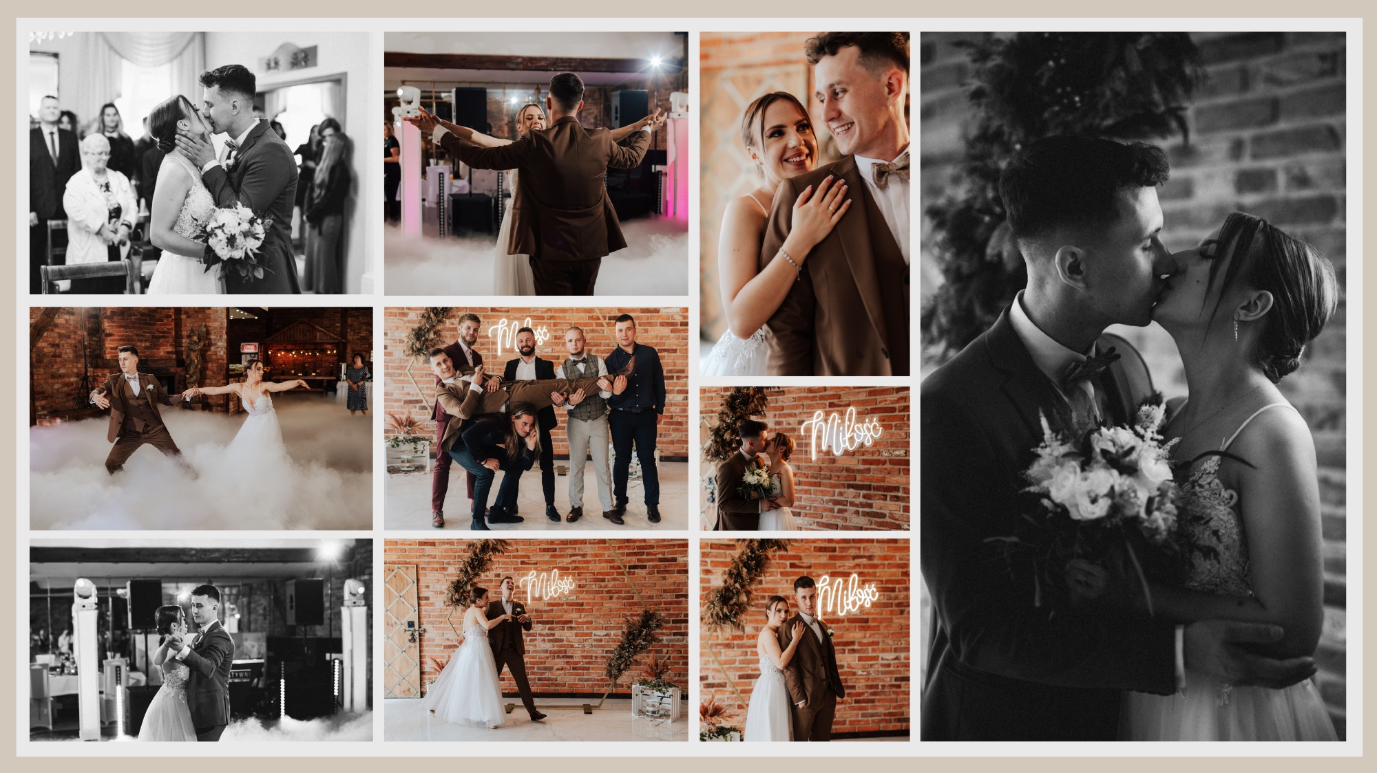 Kolaż zdjęć ślubnych: pocałunek pary młodej, taniec w dymie, sesja z drużbami na tle ceglanej ściany z napisem 'Miłość'.