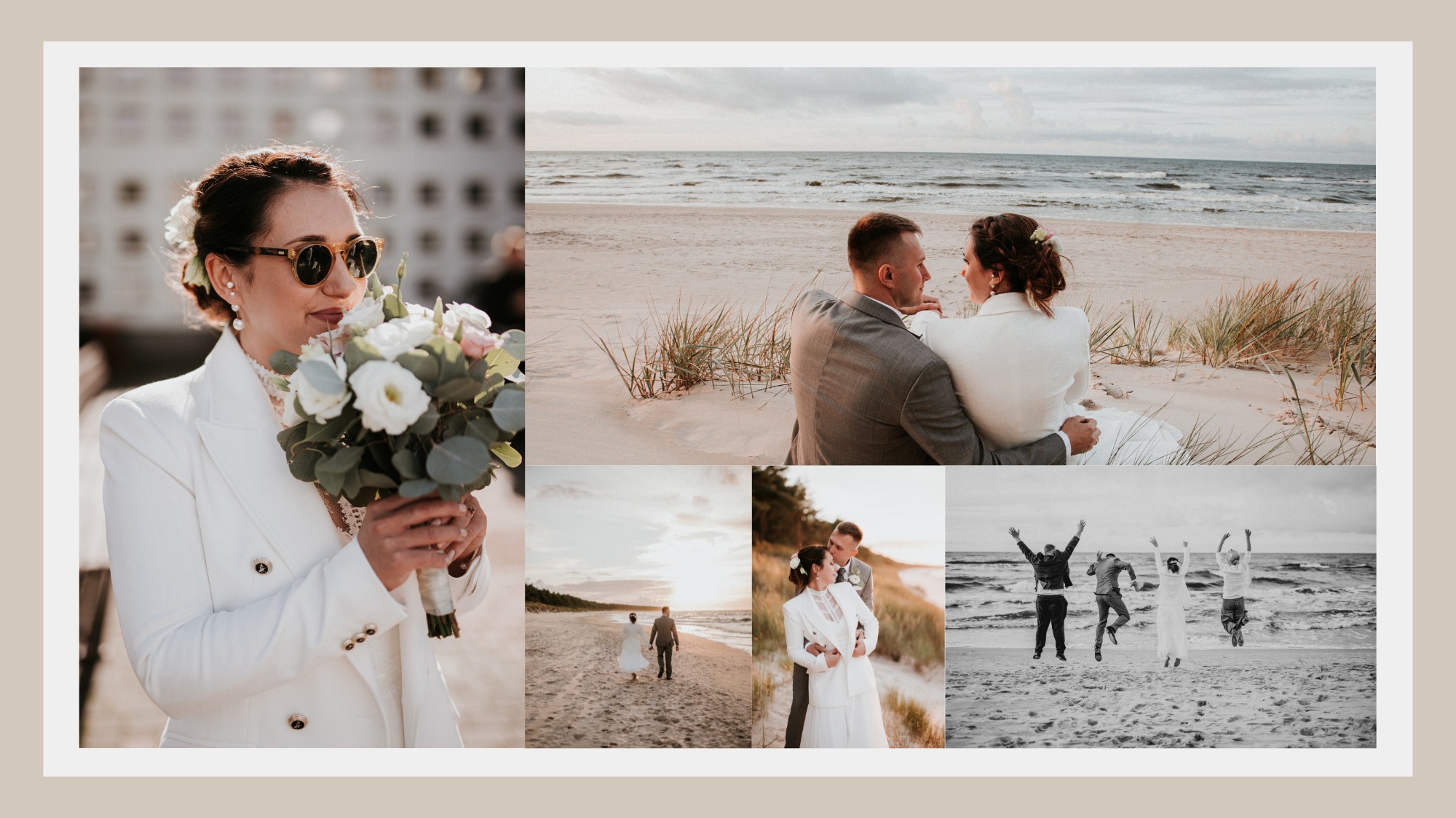Kolaż zdjęć ślubnych: panna młoda w białym garniturze z bukietem, para na plaży, skaczący goście na tle morza.