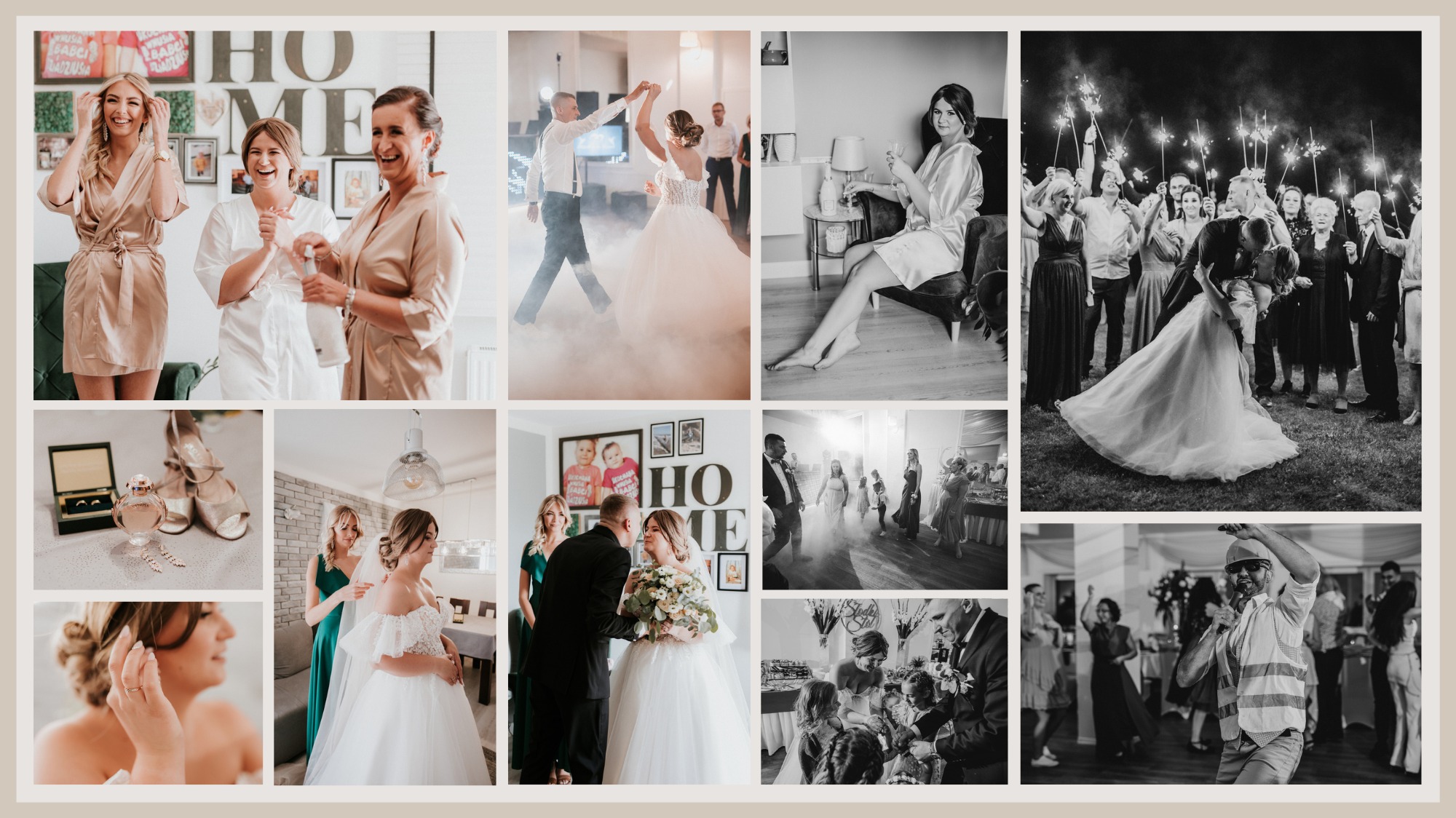 Kolaż zdjęć z przygotowań i uroczystości ślubnej, ukazujący pannę młodą w różnych momentach: podczas przygotowań z druhnami, zakładania biżuterii, w tańcu z mężem w dymie, podczas pocałunku...