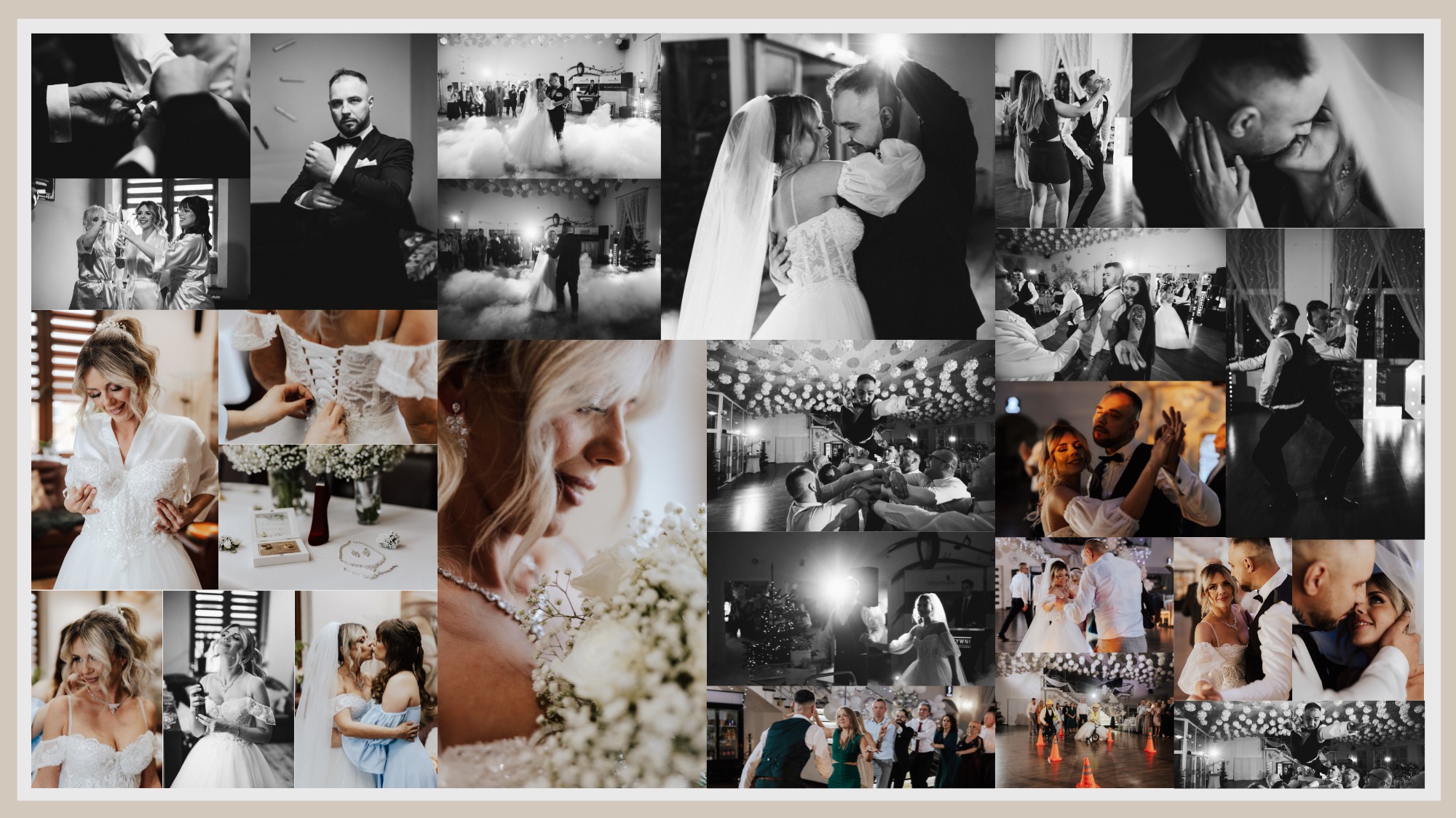 Kolaż czarno-białych i kolorowych zdjęć ślubnych, ukazujących przygotowania, ceremonię i zabawę weselną, w tym detale stroju, pocałunki i tańce.