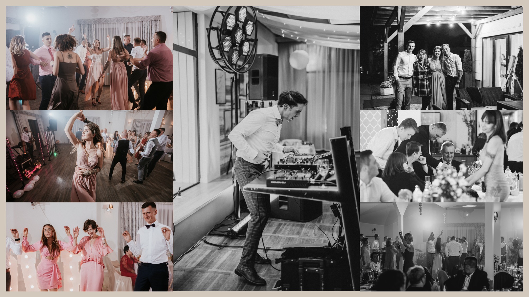 Kolaż zdjęć z imprezy: tańczący goście, DJ przy konsolecie w czarno-białej tonacji, portrety grupowe w plenerze i przy stole.