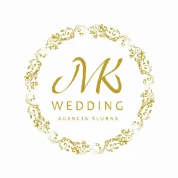 Złote logo agencji ślubnej 'MK WEDDING' z ozdobnym, roślinnym obramowaniem.