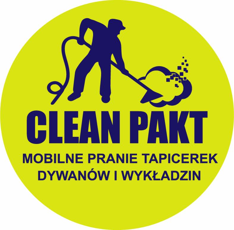 Żółte logo firmy Clean Pakt z sylwetką osoby czyszczącej dywan parownicą oraz tekstem 'Mobilne pranie tapicerek, dywanów i wykładzin'.