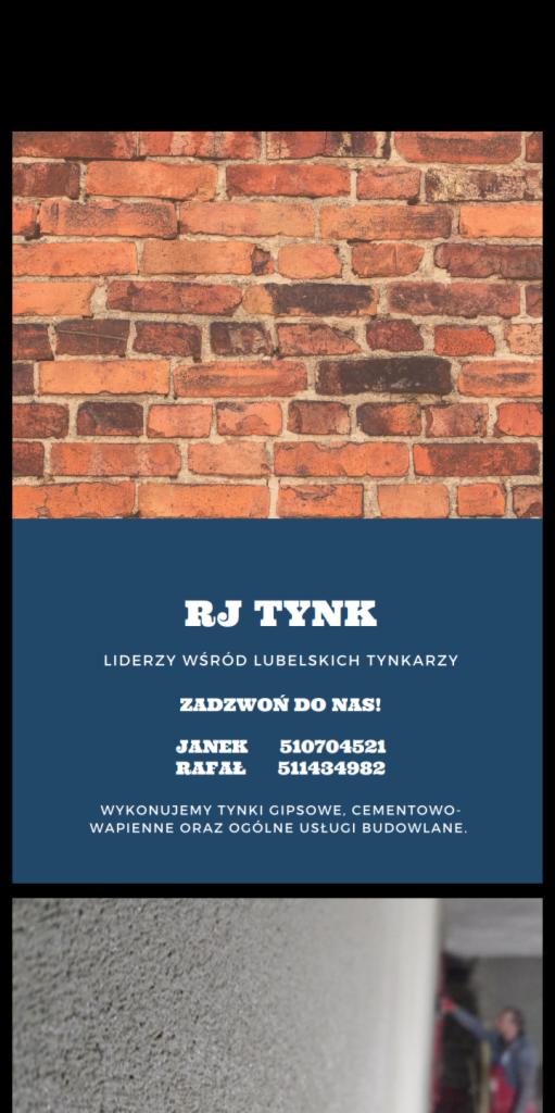 Reklama firmy RJ Tynk z Lublina, specjalizującej się w tynkach gipsowych i cementowo-wapiennych, z ceglanym tłem i numerami telefonów do kontaktu.