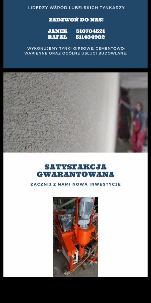 Reklama firmy budowlanej: zbliżenie na świeżo nałożony tynk na ścianie, pracownik w tle oraz pomarańczowa maszyna do tynkowania z tekstem 'Satysfakcja gwarantowana' i danymi kontaktowymi.