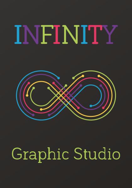 Logo Graphic Studio z symbolem nieskończoności utworzonym z kolorowych linii na ciemnoszarym tle, nad symbolem napis INFINITY w różnych kolorach liter.