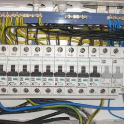 Otwarta skrzynka rozdzielcza z zamontowanymi bezpiecznikami, przewodami w kolorach: czarnym, niebieskim i żółto-zielonym oraz szyną wyrównawczą.