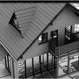 Architektoniczny model domu z balkonem i altaną, umieszczony na planie budynku z odręcznymi notatkami i wymiarami.