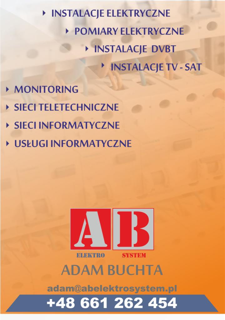 Grafika reklamowa firmy AB Elektro System, prezentująca listę świadczonych usług: instalacje elektryczne, pomiary elektryczne, instalacje DVBT i TV-SAT, monitoring, sieci teletechniczne...