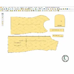 Cyfrowy szablon kamizelki z podziałem na przód, bok i kieszeń w programie komputerowym do projektowania odzieży, widoczne wymiary i oznaczenia elementów.