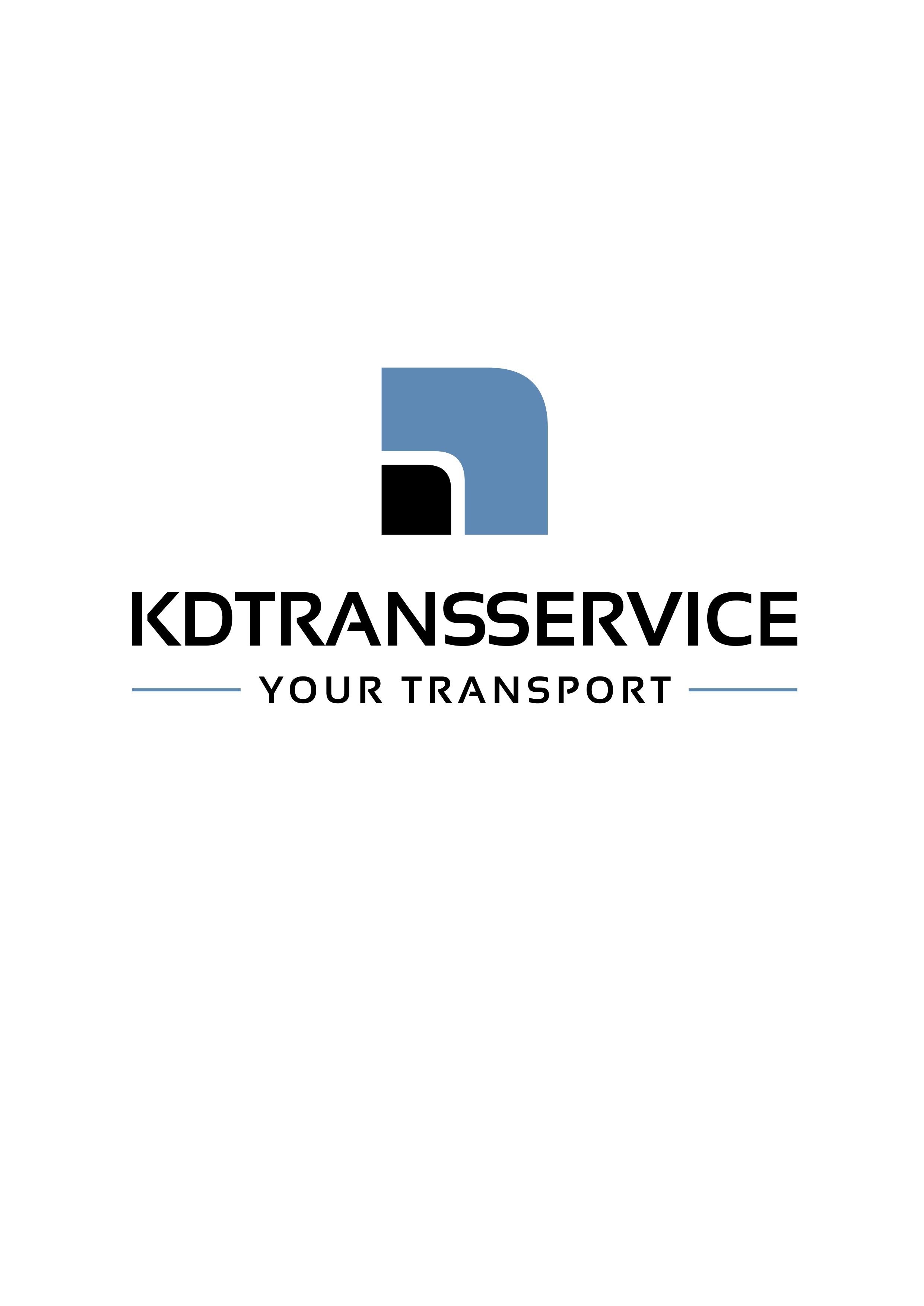 Logo firmy transportowej KDTRANSSERVICE z niebiesko-czarnym symbolem graficznym i napisem 'YOUR TRANSPORT'.
