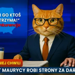 Humorystyczna grafika: Kot w garniturze za biurkiem, podpis 'Kot Maurycy robi strony za darmo'. Szklanka mleka obok. Tło - mapa Polski.