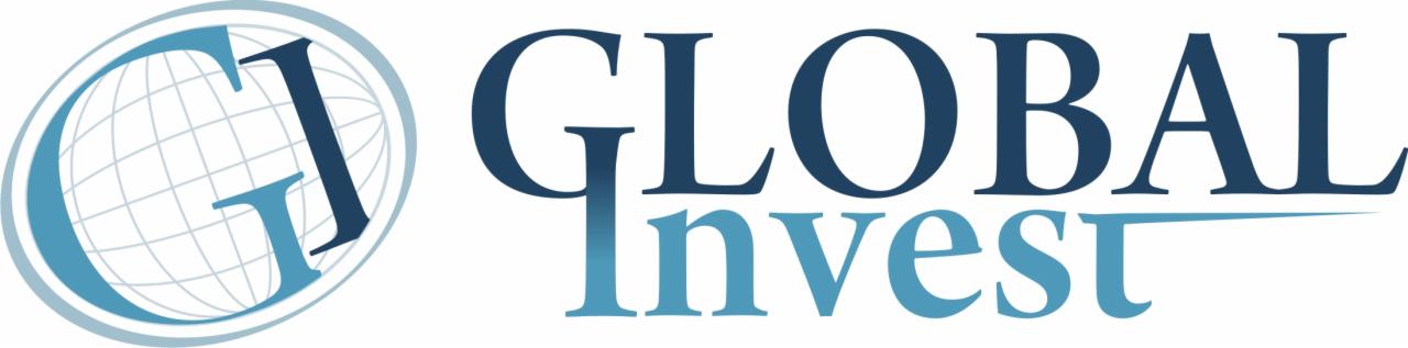 Logo firmy Global Invest z globusem w kolorze błękitnym i granatowym.
