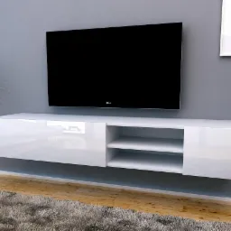 Biała, lakierowana szafka RTV wisząca na szarej ścianie, z telewizorem i dekoracyjnym wazonem z suchymi trawami, na podłodze dywan o długim włosiu.