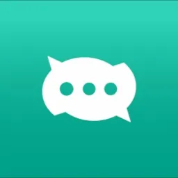 Biała ikona dymku czatu z trzema kropkami wewnątrz na jednolitym, turkusowym tle.