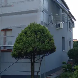 Dom w szarym kolorze, częściowo zakryty rusztowaniem z folią ochronną podczas prac elewacyjnych, na ścianie widoczne klimatyzatory i antena satelitarna, w pierwszym planie ozdobny krzew.
