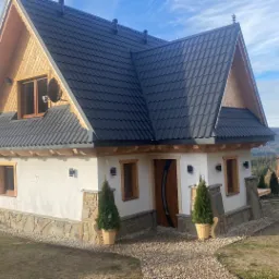 Nowo wybudowany, biały dom z drewnianymi elementami i ciemnym dachem, stylizowany na góralski, z kamienną podmurówką, ozdobiony dwoma małymi drzewkami w donicach przy wejściu, na tle górskiego...
