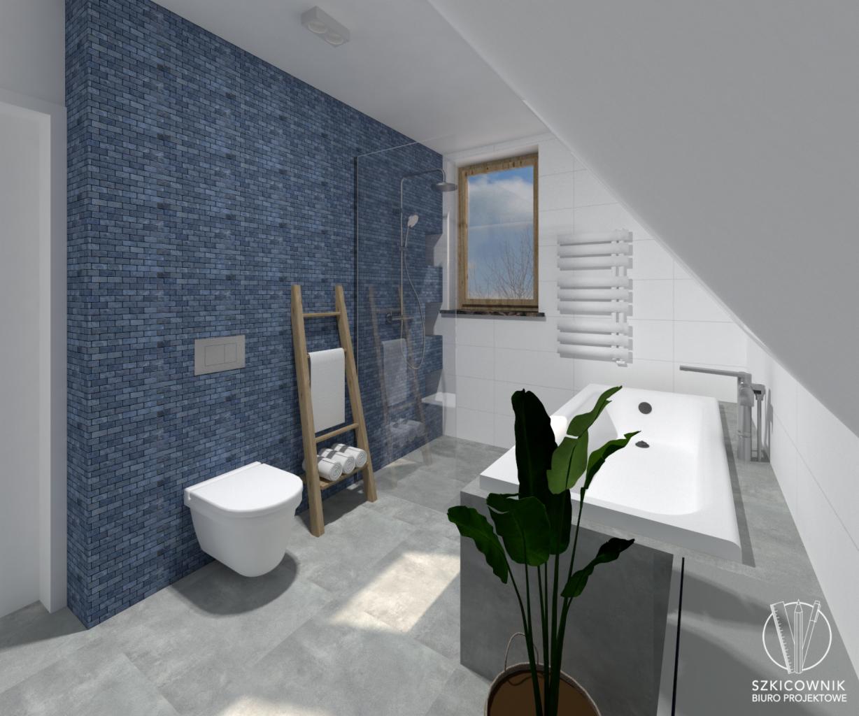 Wizualizacja łazienki na poddaszu z niebieską ścianą z cegiełek, drewnianą drabinką na ręczniki i rośliną doniczkową przy wannie.