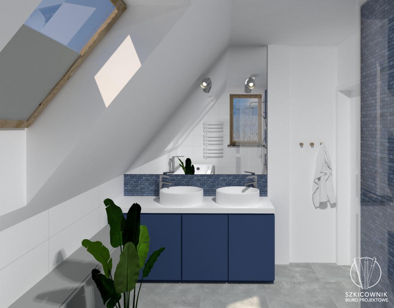 Wizualizacja łazienki na poddaszu z dwoma okrągłymi umywalkami nablatowymi na granatowej szafce, niebieską mozaiką nad blatem i rośliną doniczkową po lewej stronie.