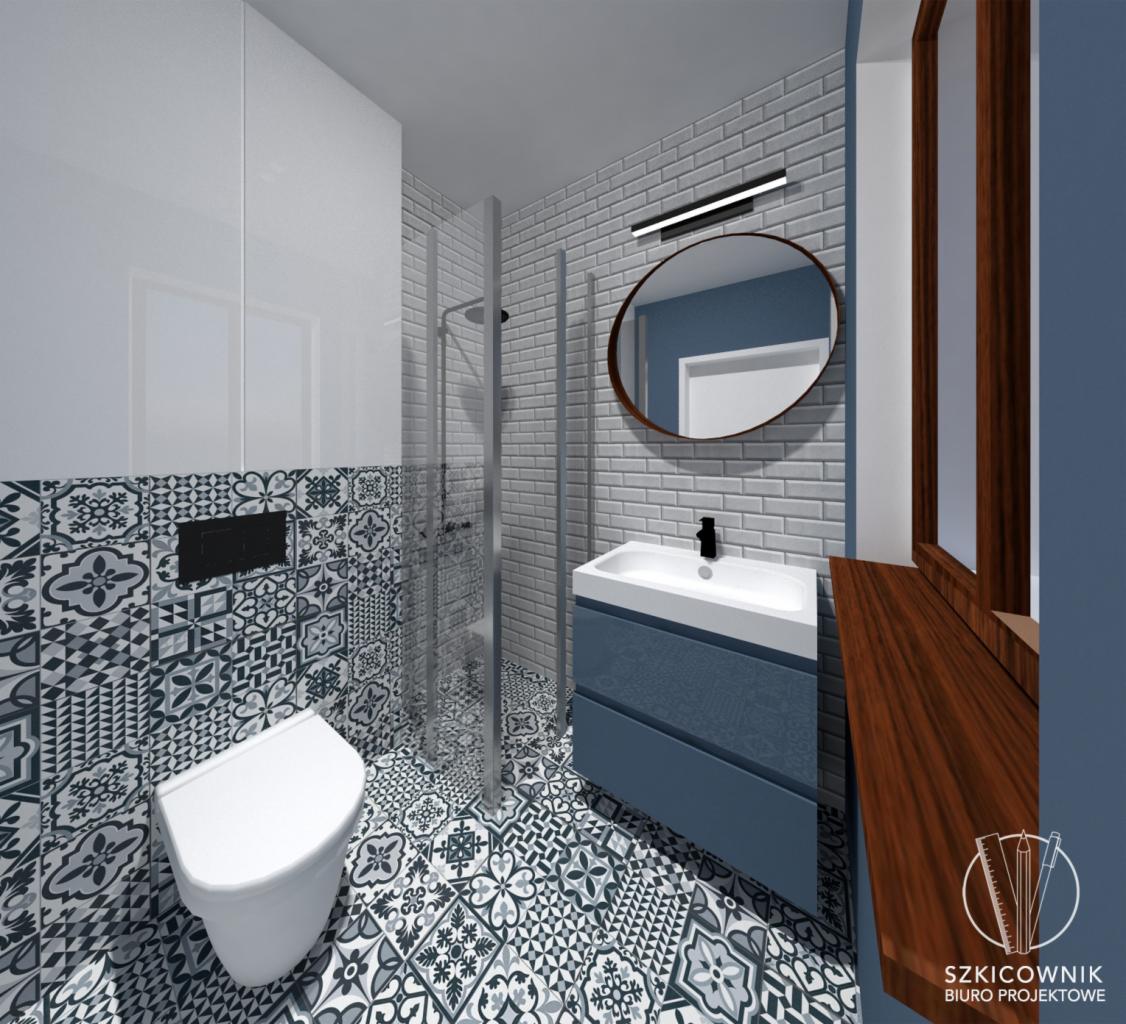 Wizualizacja łazienki z kabiną prysznicową, umywalką z szafką w kolorze granatowym, okrągłym lustrem i toaletą, wykończona biało-szarą cegłą i wzorzystymi płytkami podłogowymi i ściennymi.