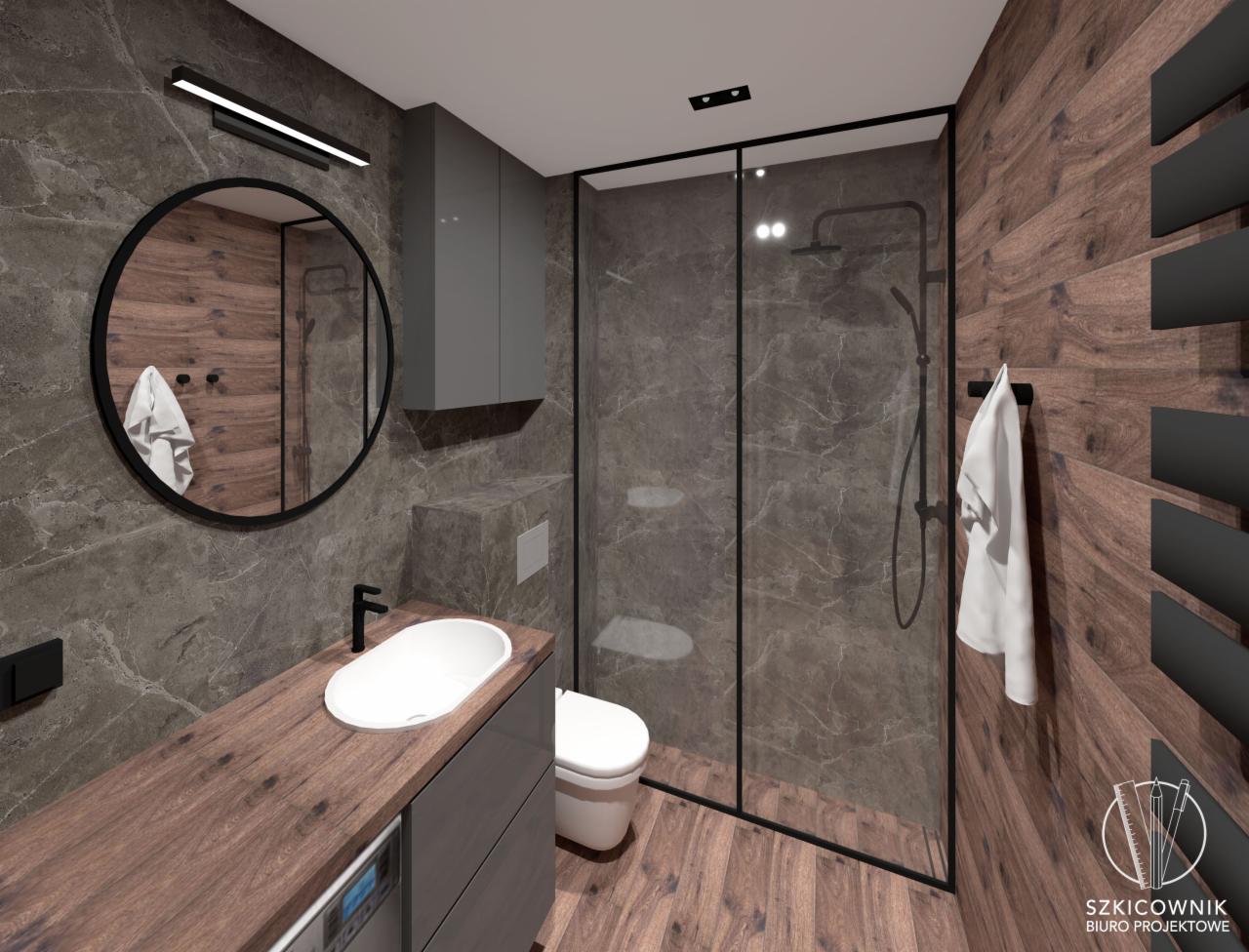 Wizualizacja łazienki z drewnianymi i marmurowymi płytkami, okrągłe lustro z podświetleniem LED, kabina prysznicowa typu walk-in z czarnymi ramami, umywalka nablatowa na drewnianym blacie i szara...