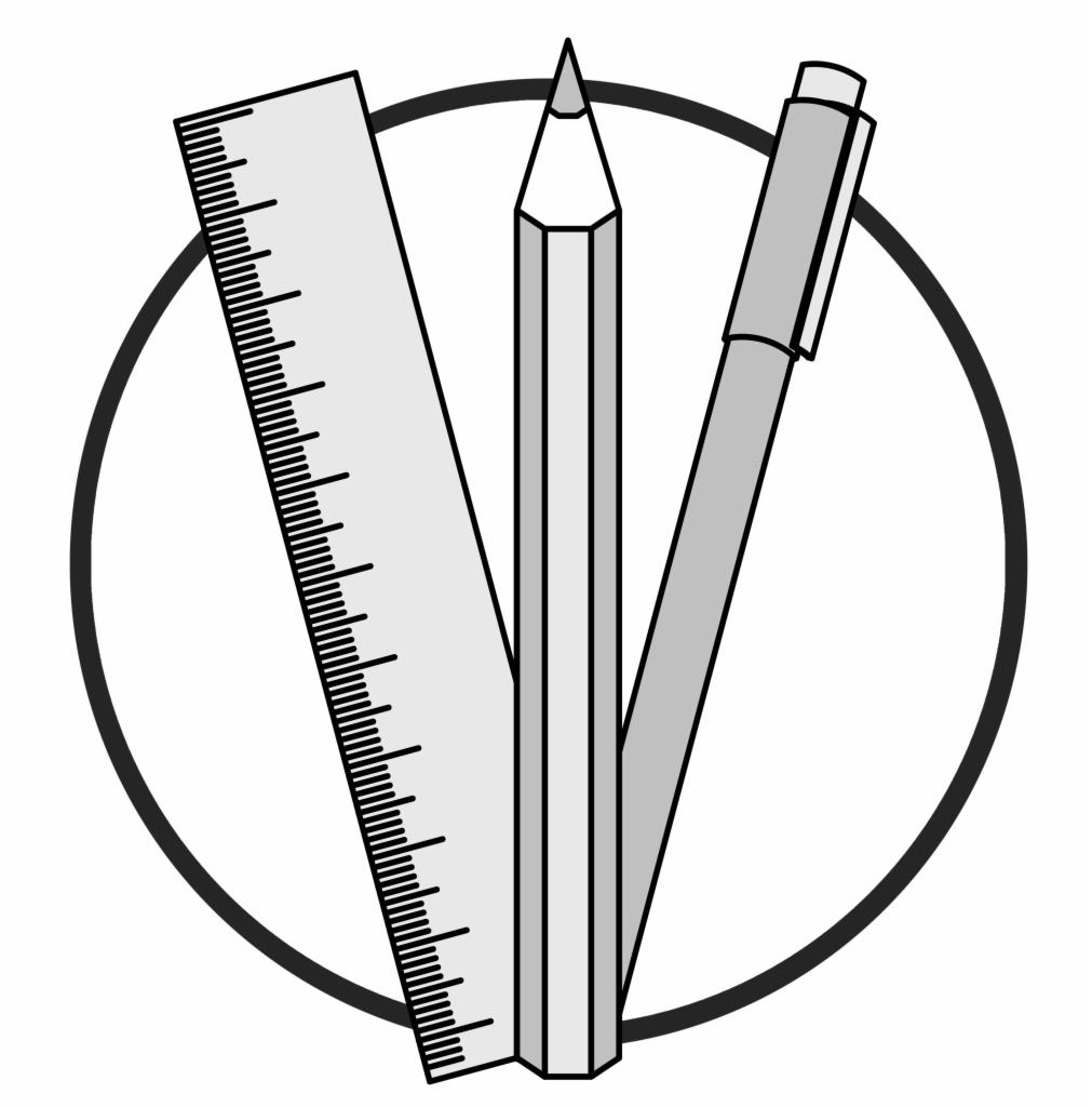 Stylizowany rysunek: linijka, ołówek i długopis w okręgu, narzędzia kreślarskie.