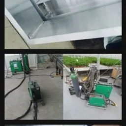 Kaskadowy kolaż: górny kadr przedstawia metalową konstrukcję z widocznymi spawami wewnątrz, środkowy ukazuje stanowisko pracy z zielonymi urządzeniami do spajania, butlą z gazem i przewodami,...