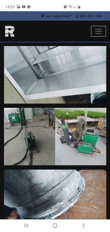 Kaskadowy kolaż: górny kadr przedstawia metalową konstrukcję z widocznymi spawami wewnątrz, środkowy ukazuje stanowisko pracy z zielonymi urządzeniami do spajania, butlą z gazem i przewodami,...