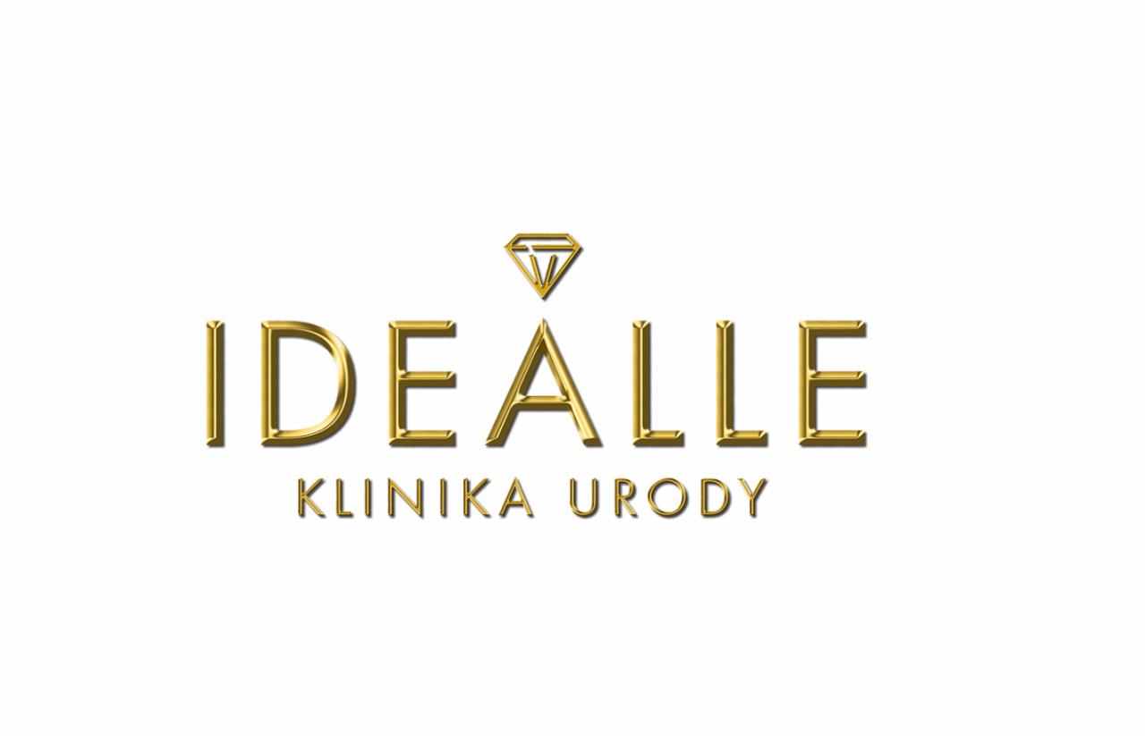Złote logo 'IDEALLE Klinika Urody' z symbolem diamentu nad nazwą, na białym tle.